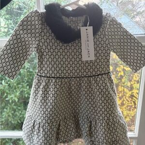 Janie and Jack Black and White Patterned Dress with Faux Fur Collar